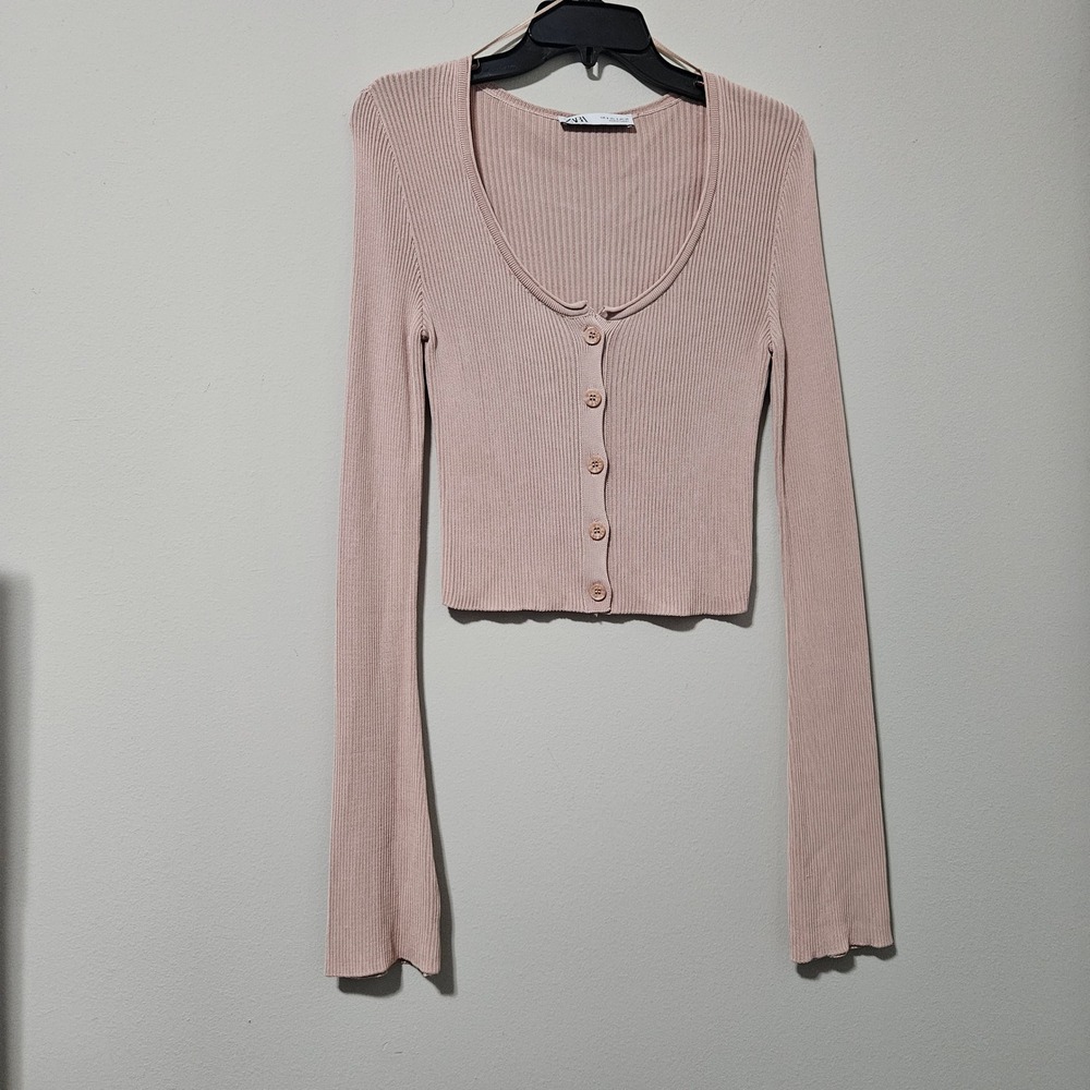 Zara Ribbed Knit Cropped Cardigan Dusty Pink Long Sleeve Button Front Small
